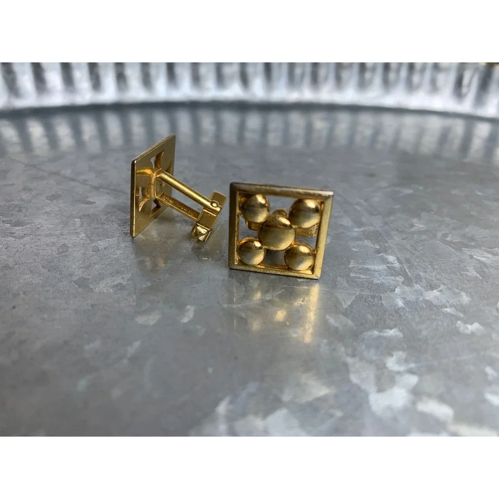 Vintage Anson Gold Tone Square Geometric Ball Cluster Toggle Back Cufflink‎